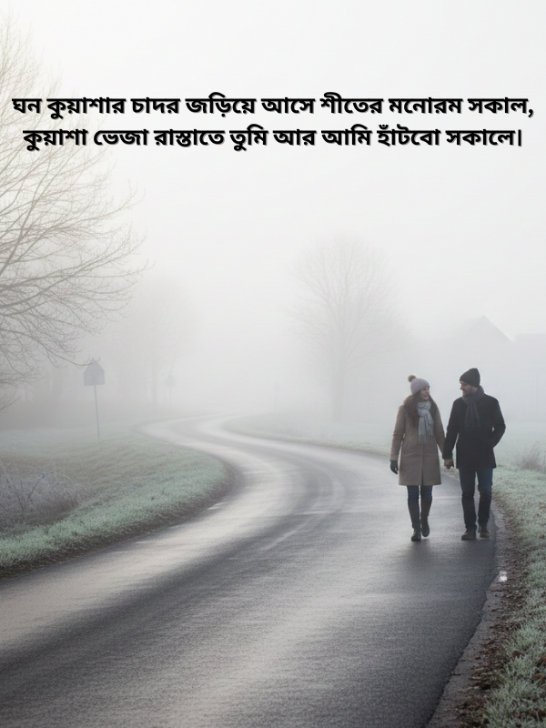 ঘন কুয়াশার চাদর জড়িয়ে আসে শীতের মনোরম সকাল, কুয়াশা ভেজা রাস্তাতে তুমি আর আমি হাঁটবো সকালে।.png